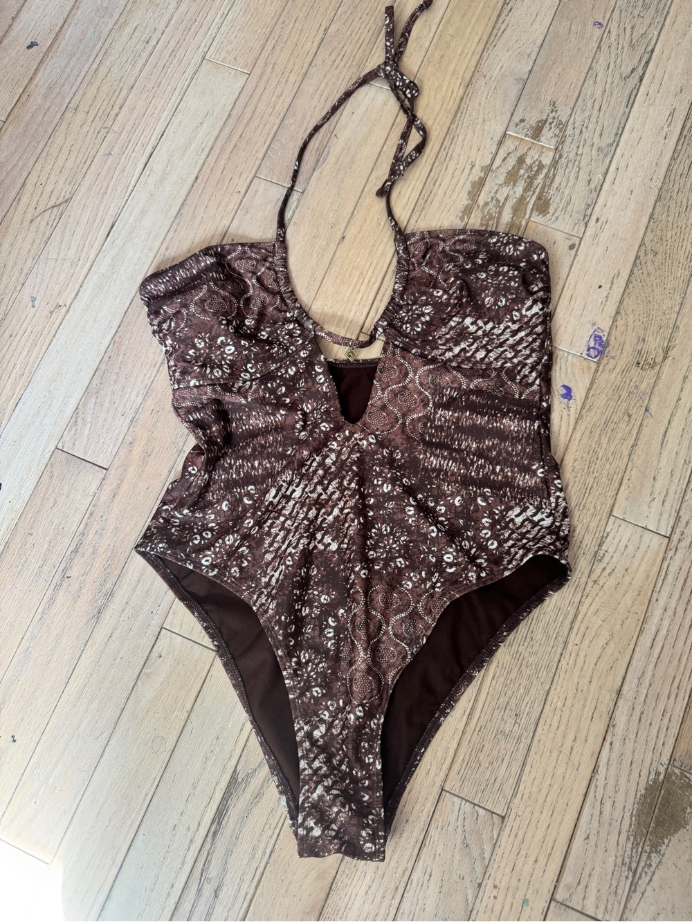 No Boundaries Brown Geometric Halter One Piece Swimsuit Large 12-14